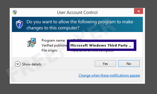 Screenshot where Microsoft Windows Third Party Application Component appears as the verified publisher in the UAC dialog